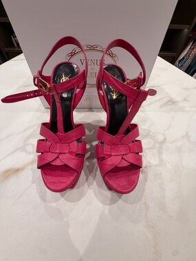 Yves Saint Laurent Fuchsia Leather Strappy Platform Heels